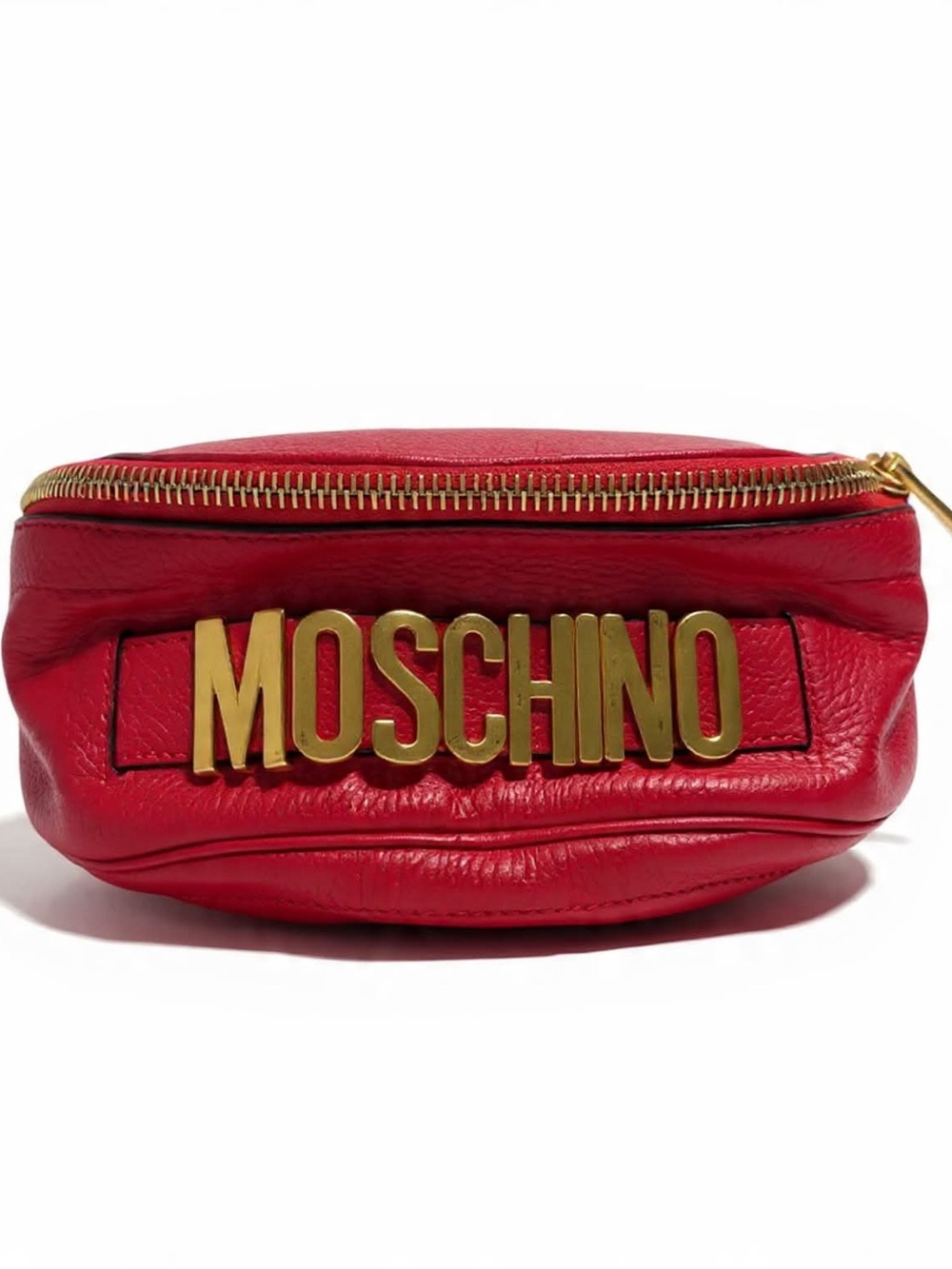 Moschino Red Pebbled Leather Logo Belt Bag with Gold Hardware